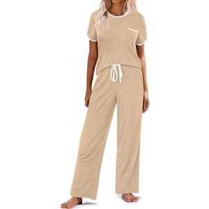 image:imageEkouaer Women Lounge Pajamas Sets Ribbed Knit PJ Short Sleeve and Long Pajama Pant Soft 2 Piece Sleepwear Loungwear SetDark Khaki