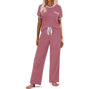 image:imageEkouaer Women Lounge Pajamas Sets Ribbed Knit PJ Short Sleeve and Long Pajama Pant Soft 2 Piece Sleepwear Loungwear SetDark Pink