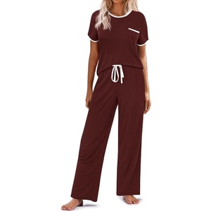 image:imageEkouaer Women Lounge Pajamas Sets Ribbed Knit PJ Short Sleeve and Long Pajama Pant Soft 2 Piece Sleepwear Loungwear SetDark Red