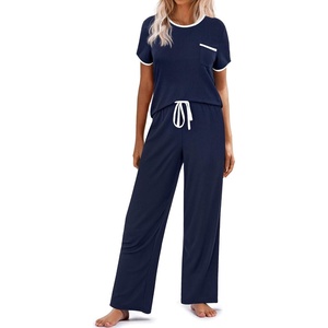 image:imageEkouaer Women Lounge Pajamas Sets Ribbed Knit PJ Short Sleeve and Long Pajama Pant Soft 2 Piece Sleepwear Loungwear SetNavy Blue
