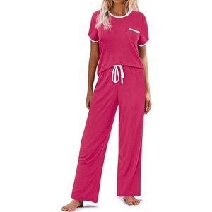 image:imageEkouaer Women Lounge Pajamas Sets Ribbed Knit PJ Short Sleeve and Long Pajama Pant Soft 2 Piece Sleepwear Loungwear SetRose