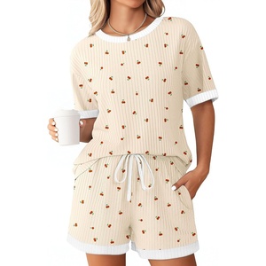 image:imageEkouaer Women Ribbed Knit Pajama Sets 2 Piece Short Sleeve Top and Shorts Soft Pjs Sleepwear with Pockets Lounge Sets SXXLCherrylight Yellow