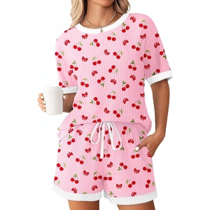 image:imageEkouaer Women Ribbed Knit Pajama Sets 2 Piece Short Sleeve Top and Shorts Soft Pjs Sleepwear with Pockets Lounge Sets SXXLCherrypink