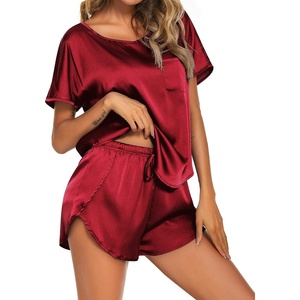 image:imageEkouaer Women Satin Pajama Set Short Sleeve Lightweight Silk Pajama Set 2 Piece Lounge Sets with ShortsWine Red
