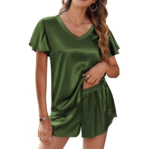 image:imageEkouaer Women Satin Pajamas Set Ruffle Sleeves Silk Pj Set Soft V Neck Sleepwear LoungewearOlive Drab