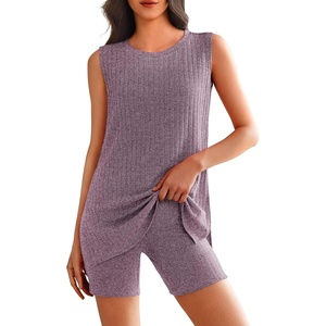 image:imageEkouaer Womens 2 Piece Lounge Set Ribbed Knit Pajamas Sleeveless Sleepwear Biker Shorts Loungewear Outfit SXXLDeep Purple