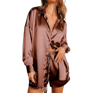 image:imageEkouaer Womens 2 Piece Satin Pajama Set Long Sleeve PJs Sets Button Down Lounge Sets Soft Sleepwear SetBrown