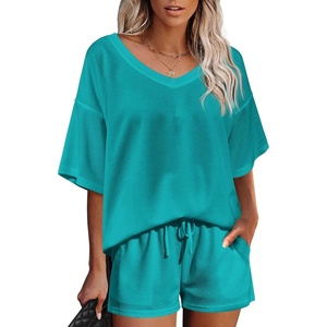 image:imageEkouaer Womens 2 Piece Short Sleeve Waffle Knit V Neck Off Shoulder Casual Loose Fit Sweatsuit OutfitsGreen