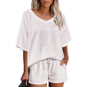 image:imageEkouaer Womens 2 Piece Short Sleeve Waffle Knit V Neck Off Shoulder Casual Loose Fit Sweatsuit OutfitsWhite