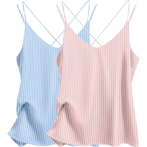 image:imageEkouaer Womens 2Pack Silk Satin Camisole Tank Top V Neck Sexy Cross Back Spaghetti Strap Cami Sleeveless Lounge Tops SXXLPink Stripeblue Stripe