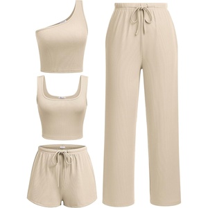 image:imageEkouaer Womens 4 Piece Lounge Sets Ribbed Knit Crop Tank Top and Shorts Pants Casual Outfits01 Light Coffee