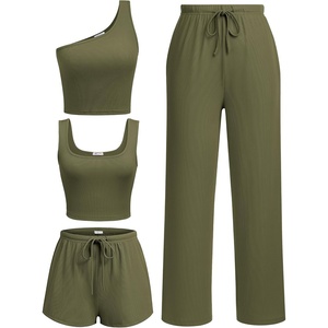 image:imageEkouaer Womens 4 Piece Lounge Sets Ribbed Knit Crop Tank Top and Shorts Pants Casual OutfitsArmygreen