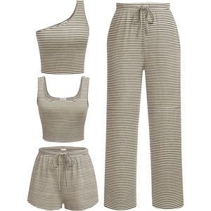 image:imageEkouaer Womens 4 Piece Lounge Sets Ribbed Knit Crop Tank Top and Shorts Pants Casual OutfitsBeige Black Stripe