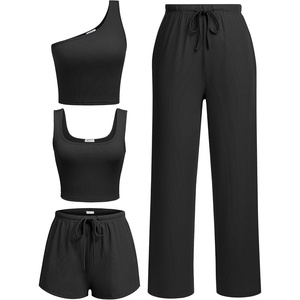image:imageEkouaer Womens 4 Piece Lounge Sets Ribbed Knit Crop Tank Top and Shorts Pants Casual OutfitsBlack