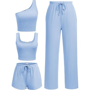 image:imageEkouaer Womens 4 Piece Lounge Sets Ribbed Knit Crop Tank Top and Shorts Pants Casual OutfitsBlue