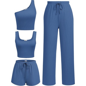image:imageEkouaer Womens 4 Piece Lounge Sets Ribbed Knit Crop Tank Top and Shorts Pants Casual OutfitsBlue Gray