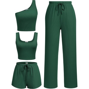 image:imageEkouaer Womens 4 Piece Lounge Sets Ribbed Knit Crop Tank Top and Shorts Pants Casual OutfitsBright Green