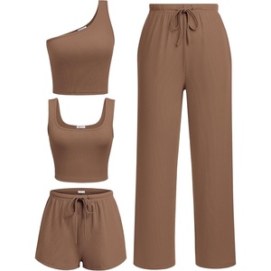 image:imageEkouaer Womens 4 Piece Lounge Sets Ribbed Knit Crop Tank Top and Shorts Pants Casual OutfitsBrown