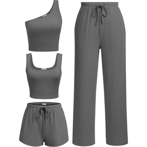 image:imageEkouaer Womens 4 Piece Lounge Sets Ribbed Knit Crop Tank Top and Shorts Pants Casual OutfitsDark Grey