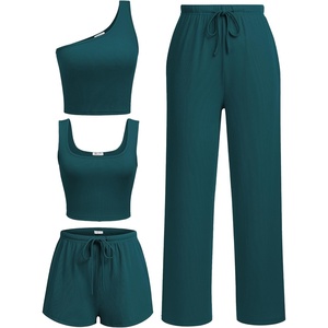 image:imageEkouaer Womens 4 Piece Lounge Sets Ribbed Knit Crop Tank Top and Shorts Pants Casual OutfitsLake Green