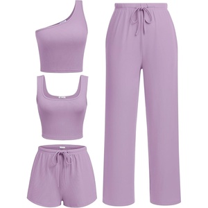 image:imageEkouaer Womens 4 Piece Lounge Sets Ribbed Knit Crop Tank Top and Shorts Pants Casual OutfitsLavender Frost