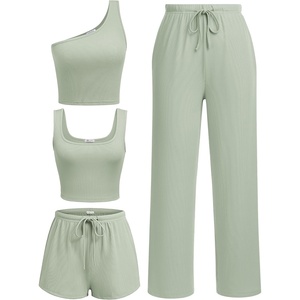 image:imageEkouaer Womens 4 Piece Lounge Sets Ribbed Knit Crop Tank Top and Shorts Pants Casual OutfitsLight Green