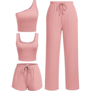 image:imageEkouaer Womens 4 Piece Lounge Sets Ribbed Knit Crop Tank Top and Shorts Pants Casual OutfitsLight Pink