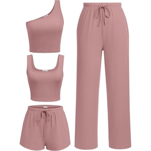 image:imageEkouaer Womens 4 Piece Lounge Sets Ribbed Knit Crop Tank Top and Shorts Pants Casual OutfitsMisty Rose