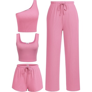 image:imageEkouaer Womens 4 Piece Lounge Sets Ribbed Knit Crop Tank Top and Shorts Pants Casual OutfitsPink
