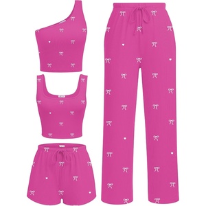 image:imageEkouaer Womens 4 Piece Lounge Sets Ribbed Knit Crop Tank Top and Shorts Pants Casual OutfitsPink Bow