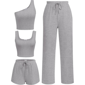 image:imageEkouaer Womens 4 Piece Lounge Sets Ribbed Knit Crop Tank Top and Shorts Pants Casual OutfitsQuiet Gray