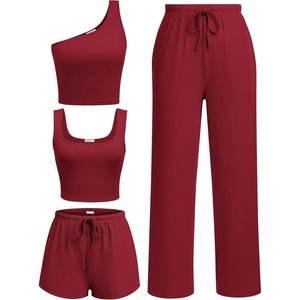 image:imageEkouaer Womens 4 Piece Lounge Sets Ribbed Knit Crop Tank Top and Shorts Pants Casual OutfitsWine Red