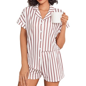image:imageEkouaer Womens Button Down Pajamas Set 2 Piece Sleepwear Short Sleeve Pjs Soft Stripe Lounge SetsRed White Stripe