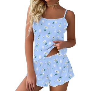 image:imageEkouaer Womens Cami Pajama Sets 2 Piece Ribbed Knit PJs Soft Lingerie Sleeveless Tank Top and Shorts Camisole Lounge SetBlue Flowers