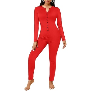 image:imageEkouaer Womens Onesie Adult Button One Piece Pajama Long Sleeve Onesie Pajamas Jumpsuit Sleepwear for WomenRed