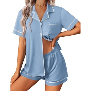 image:imageEkouaer Womens Pajama Set Button Down Sleepwear Short Sleeve Pjs Top and Short with Pocket Soft Lounge SetBlue