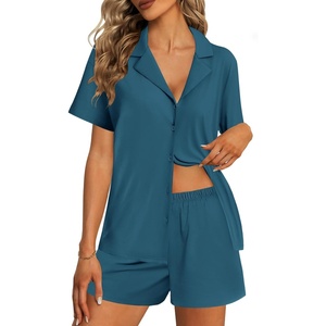 image:imageEkouaer Womens Pajama Sets 2 Piece Cotton Pjs Button Down Sleepwear Short Sleeve Lounge Set with PocketsBlue Green