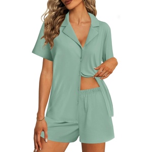 image:imageEkouaer Womens Pajama Sets 2 Piece Cotton Pjs Button Down Sleepwear Short Sleeve Lounge Set with PocketsLight Green