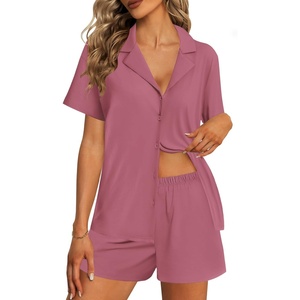 image:imageEkouaer Womens Pajama Sets 2 Piece Cotton Pjs Button Down Sleepwear Short Sleeve Lounge Set with PocketsRose Pink