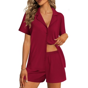 image:imageEkouaer Womens Pajama Sets 2 Piece Cotton Pjs Button Down Sleepwear Short Sleeve Lounge Set with PocketsWine Red