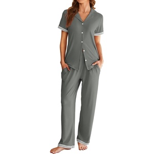 image:imageEkouaer Womens Pajama Sets Short Sleeve Button Up Pjs Chic Contrast Trim Long Pants with PocketsSoft Loungewear Set SXXLDark Grey