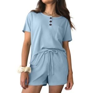 image:imageEkouaer Womens Pajama Sets Short Sleeve Ribbed Knit Pjs Soft Summer Sleepwear 2 Piece Lounge SetsLight Blue