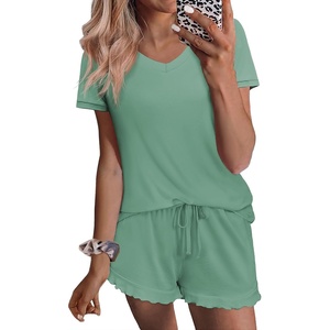 image:imageEkouaer Womens Pajama Sets Summer Pjs Soft Short Sleeve Sleepwear Comfy Ruffle Pj Shorts Set Cute Lounge Sets with PocketsCeladon