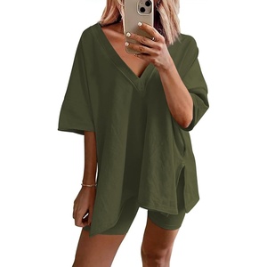 image:imageEkouaer Womens Pajamas 2 Piece Lounge Sets Oversized V Neck TShirts Tops Biker Shorts Set Workout Reversible Tracksuit SXXLArmy Green