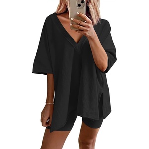 image:imageEkouaer Womens Pajamas 2 Piece Lounge Sets Oversized V Neck TShirts Tops Biker Shorts Set Workout Reversible Tracksuit SXXLBlack