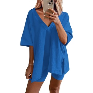 image:imageEkouaer Womens Pajamas 2 Piece Lounge Sets Oversized V Neck TShirts Tops Biker Shorts Set Workout Reversible Tracksuit SXXLBlue