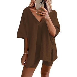 image:imageEkouaer Womens Pajamas 2 Piece Lounge Sets Oversized V Neck TShirts Tops Biker Shorts Set Workout Reversible Tracksuit SXXLBrown