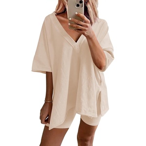 image:imageEkouaer Womens Pajamas 2 Piece Lounge Sets Oversized V Neck TShirts Tops Biker Shorts Set Workout Reversible Tracksuit SXXLChampagne