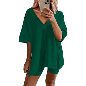image:imageEkouaer Womens Pajamas 2 Piece Lounge Sets Oversized V Neck TShirts Tops Biker Shorts Set Workout Reversible Tracksuit SXXLEvergreen