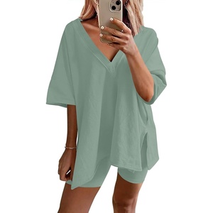 image:imageEkouaer Womens Pajamas 2 Piece Lounge Sets Oversized V Neck TShirts Tops Biker Shorts Set Workout Reversible Tracksuit SXXLIce Green
